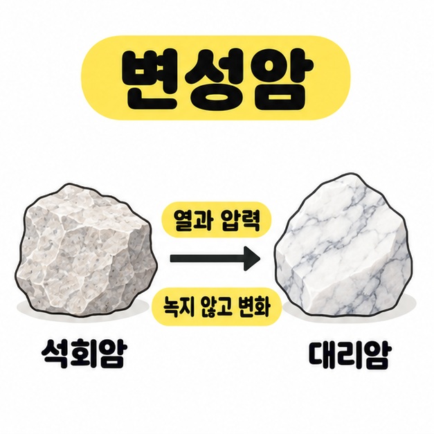 변성암 제목 아래 석회암이 열과 압력으로 녹지 않고 대리암으로 변화하는 과정을 나타낸 그림