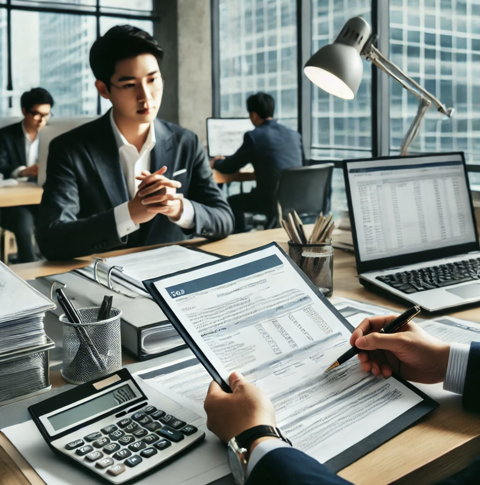 금융사무실에서 세금관련 서류를 제출하는 장면