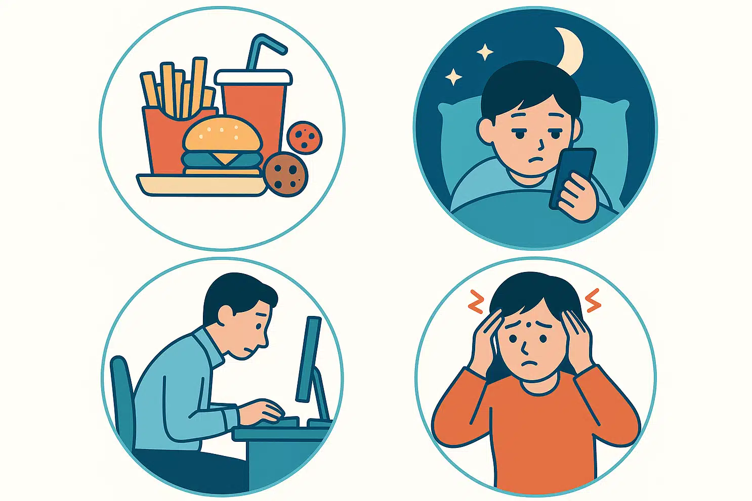 패스트푸드·탄산음료·과자 같은 고당분 음식, 늦은 밤 스마트폰 사용으로 수면 부족한 청년, 컴퓨터 앞에 오래 앉아 있는 직장인, 스트레스로 머리를 감싸쥔 대학생