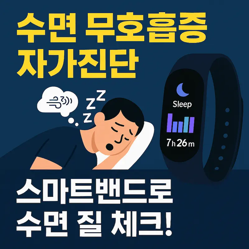 잠자는 남성과 수면 데이터를 표시한 스마트밴드 이미지, '수면 무호흡증 자가진단, 스마트밴드로 수면 질 체크!'라는 한국어 문구가 포함된 건강 정보 썸네일 이미지