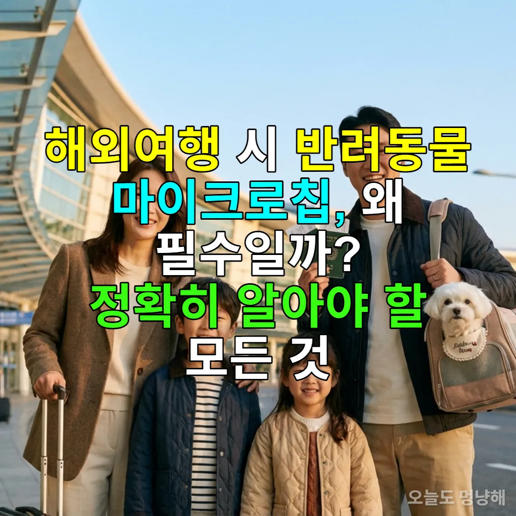 한국 가족이 반려동물과 함께 인천국제공항에서 해외여행을 위해 마이크로칩과 서류를 준비하며 설레는 표정으로 서 있는 모습