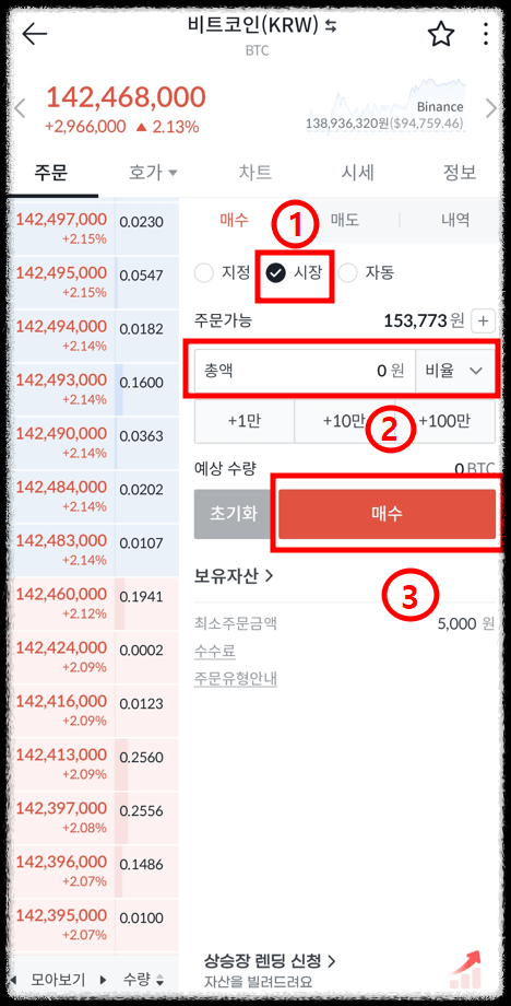 빗썸에서 비트코인 하는 법 6단계 시장 매수