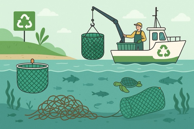 환경 친화적 어망과 유실 어망 회수 시스템을 묘사하는 이미지
