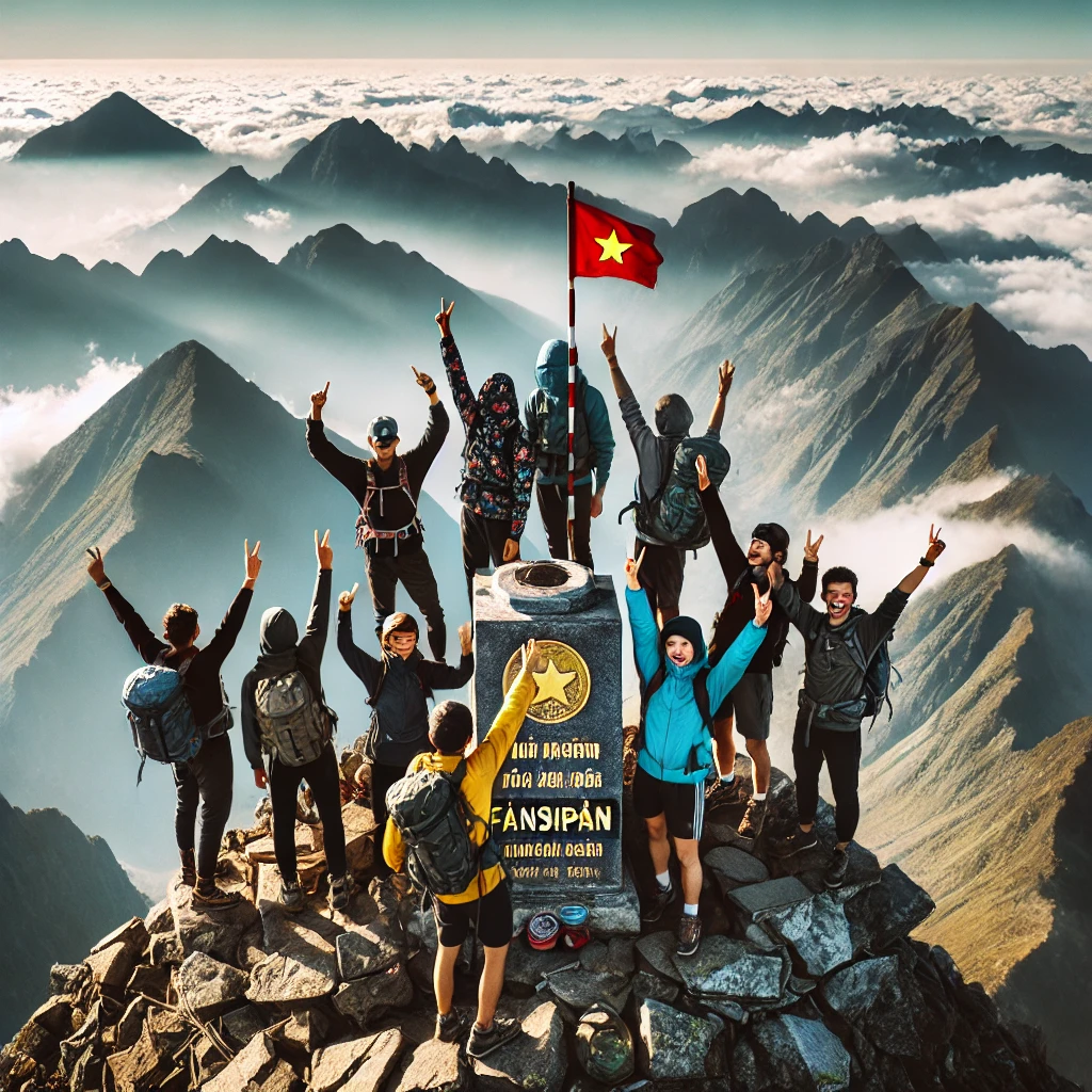 웅장한 팬시팬 산 정상에서 환호하는 등산객들