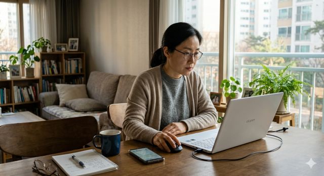 정부지원 서민 대출 종류를 비교하며 노트북으로 정보를 확인하는 장면