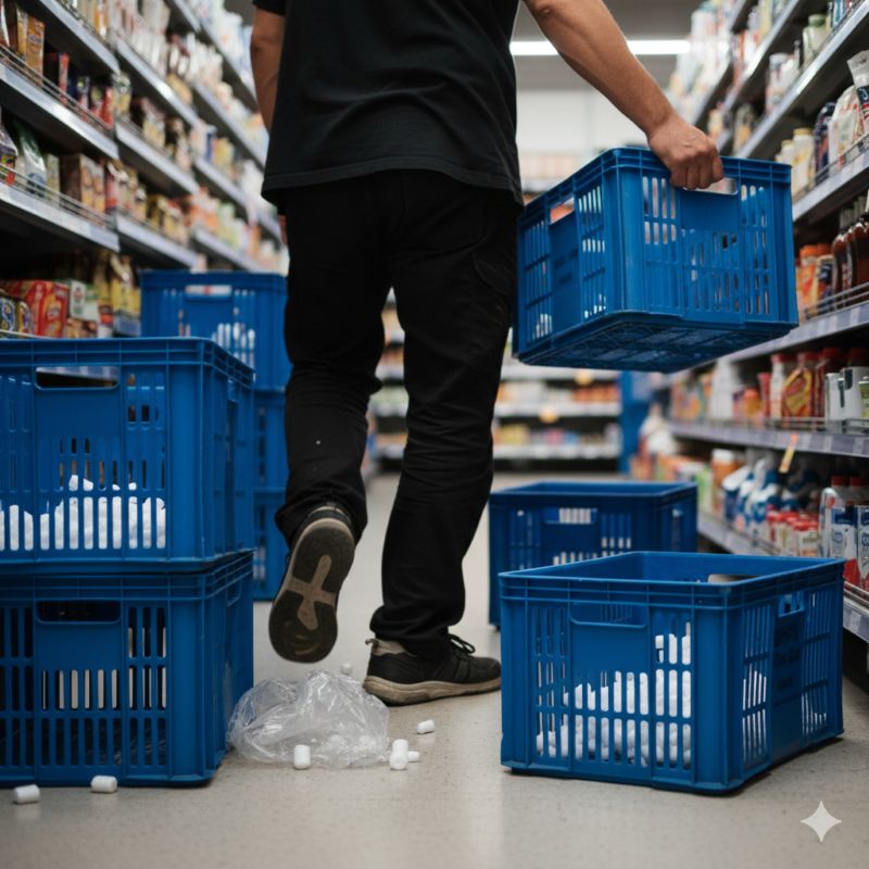 편의점 복도 바닥에 쌓인 파란색 플라스틱 물류 박스들을 옮기며 바쁘게 움직이는 사장님의 뒷모습