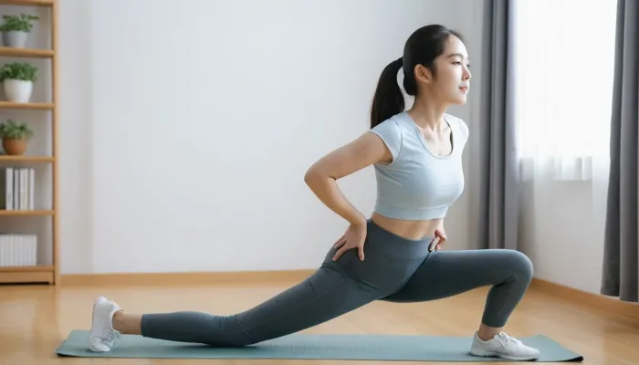집에서 가벼운 스트레칭으로 고관절 통증 완화를 시도하는 모습