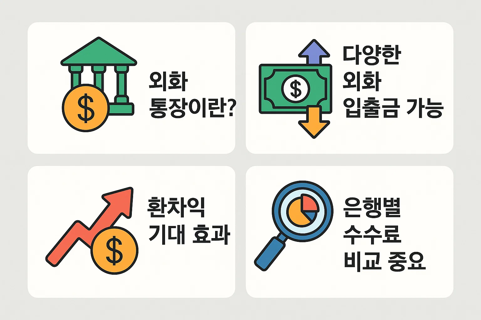 외화통장이란 무엇인지, 다양한 외화 입출금 가능성, 환차익 기대효과, 은행별 수수료 비교 중요성을 설명한 인포그래픽입니다.