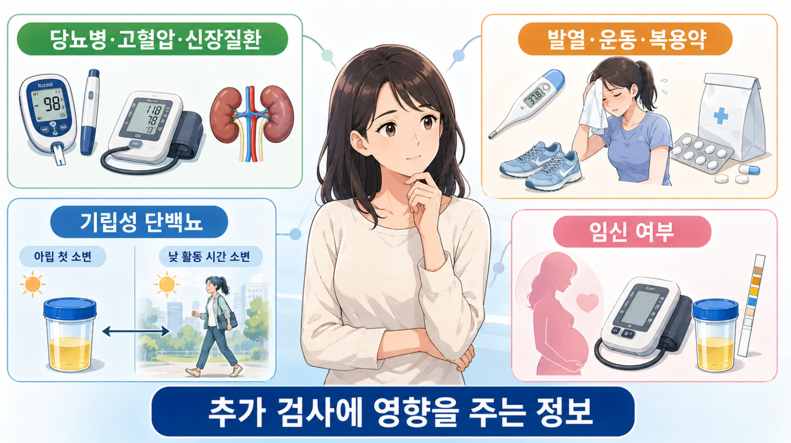 거품뇨 검사에 영향을 주는 당뇨병·고혈압·신장질환, 발열·운동·복용약·기립성 단백뇨·임신 여부 이미지