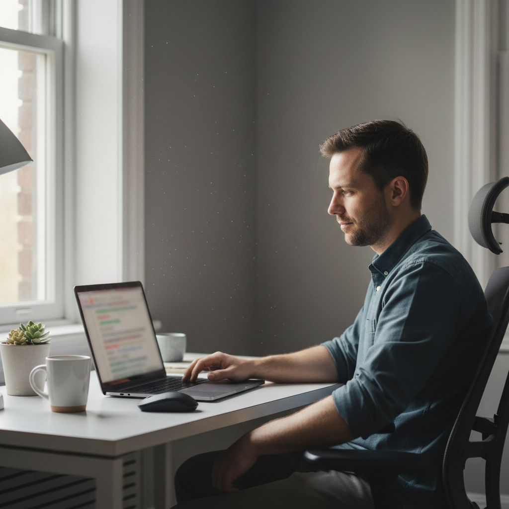 ChatGPT를 활용해 글을 작성하며 결과를 검토하는 남성 사용자 모습