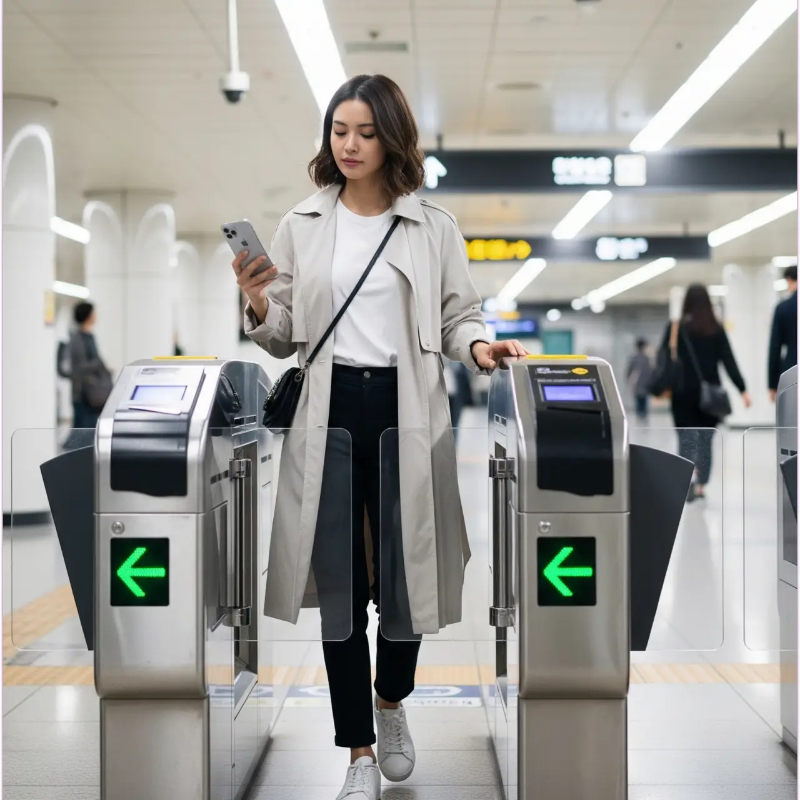 지하철 개찰구에서 애플페이 티머니로 아이폰을 대고 있는 모습