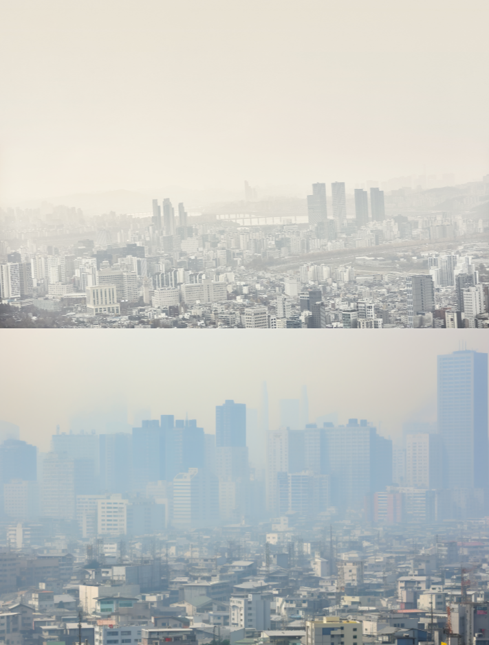 회색빛 스모그에 뒤덮인 도심 전경