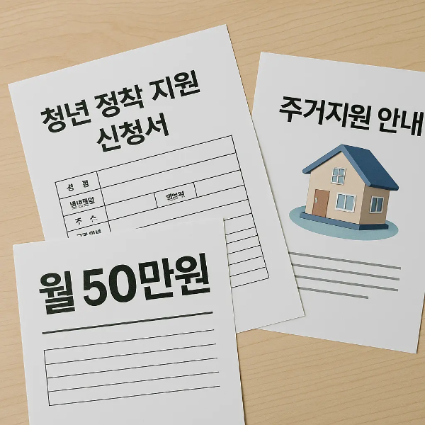 청년 정착 지원 신청서, 주거지원 안내서, '월 50만원'이라고 적힌 문서가 정돈되어 놓인 정착지원 관련 사물 스튜디오컷 이미지