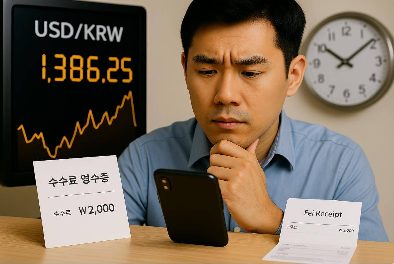 환율 전광판과 수수료 영수증을 보며 스마트폰 확인하는 직장인.