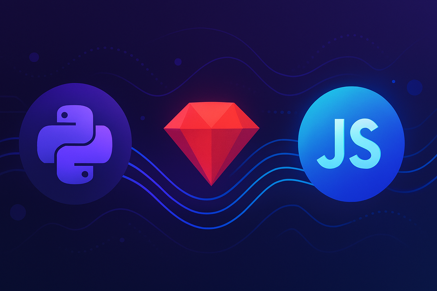 2025년 인터프리터 언어들이 기술 생태계를 연결하며 진화하는 흐름을 상징적으로 표현한 미래지향적 일러스트