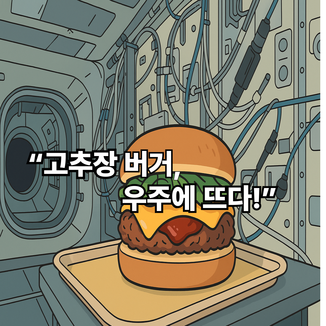 우주선 내부를 배경으로, 한국 고추장을 넣은 햄버거를 일러스트로 표현한 이미지.
