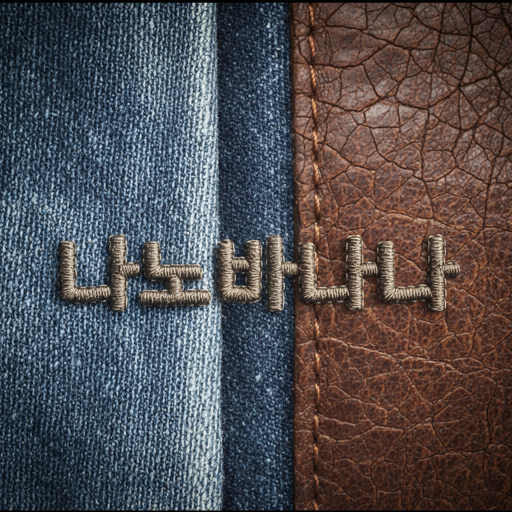 4K 초고해상도 모니터에 표현된 청바지 원단 질감과 정교하게 새겨진 '나노바나나' 한글 텍스트 클로즈업