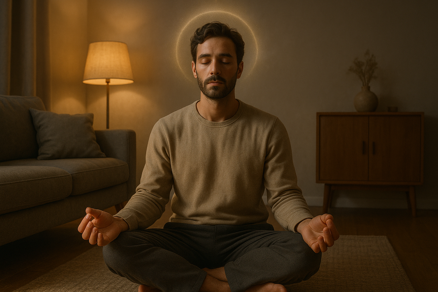퇴근 후 거실에서 명상하는 남자
