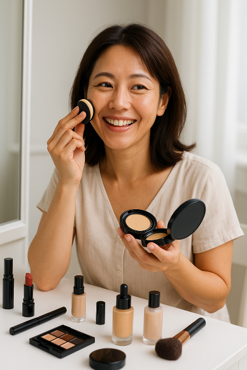 여름철-화장을-꼼꼼히하는=여성의-모습