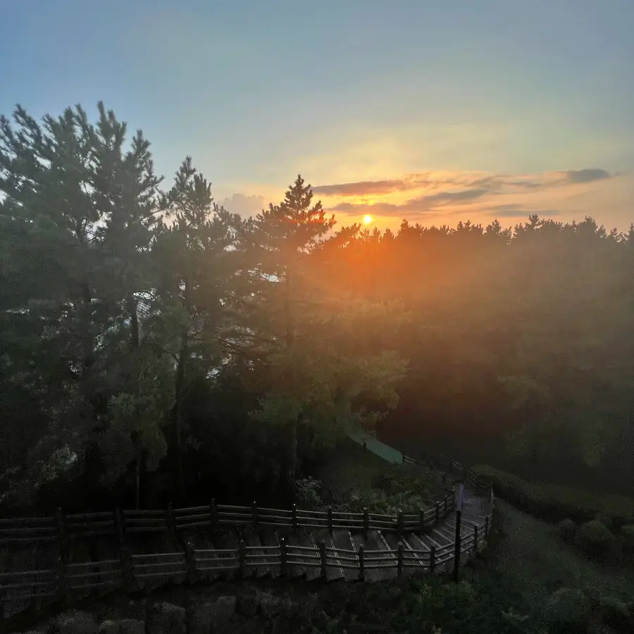 객실에서 바라본 노을 사진 입니다. 사진 속에는 산책로도 보입니다.