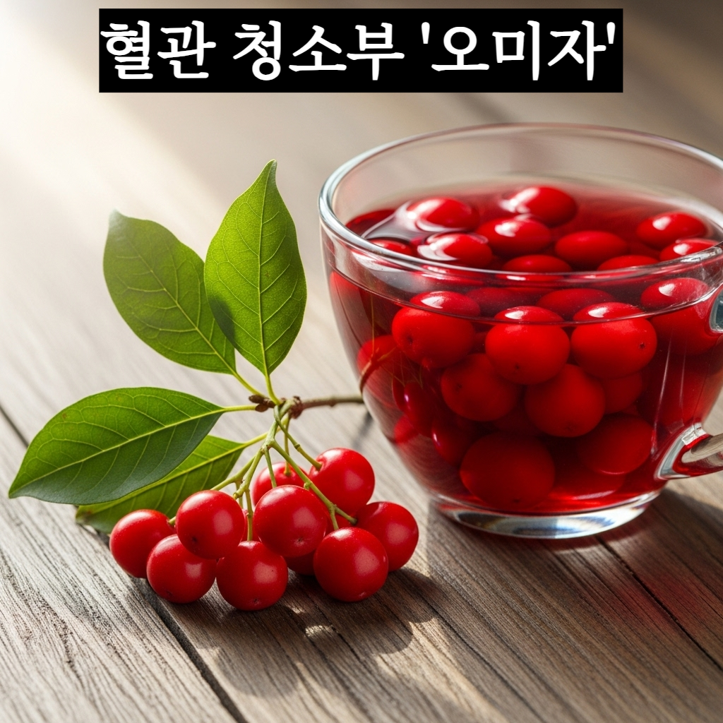 붉은 오미자 열매가 가득 담긴 투명한 찻잔과 그 옆에 놓인 신선한 오미자 가지 이미지