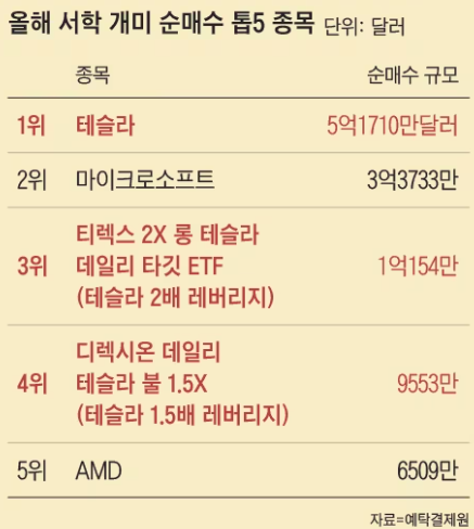 2024년 서학개미 순매수 종목 Top5