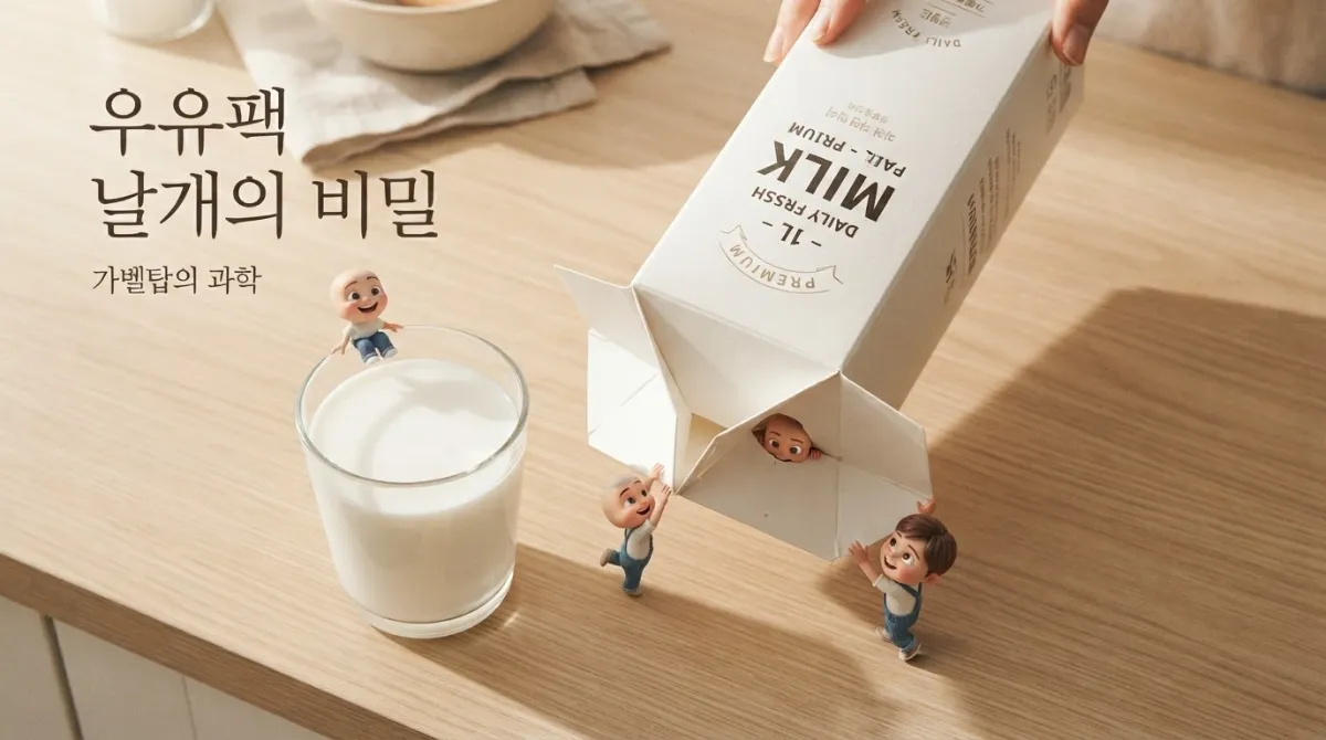 가벨탑 우유팩의 접힌 삼각형 날개 주입구가 손가락에 의해 활짝 펼쳐진 모습과 옆에 놓인 우유잔, 작고 귀여운 미니미 캐릭터들이 우유팩 주변에서 놀고 있는 따뜻한 아침 식탁의 매크로 사진