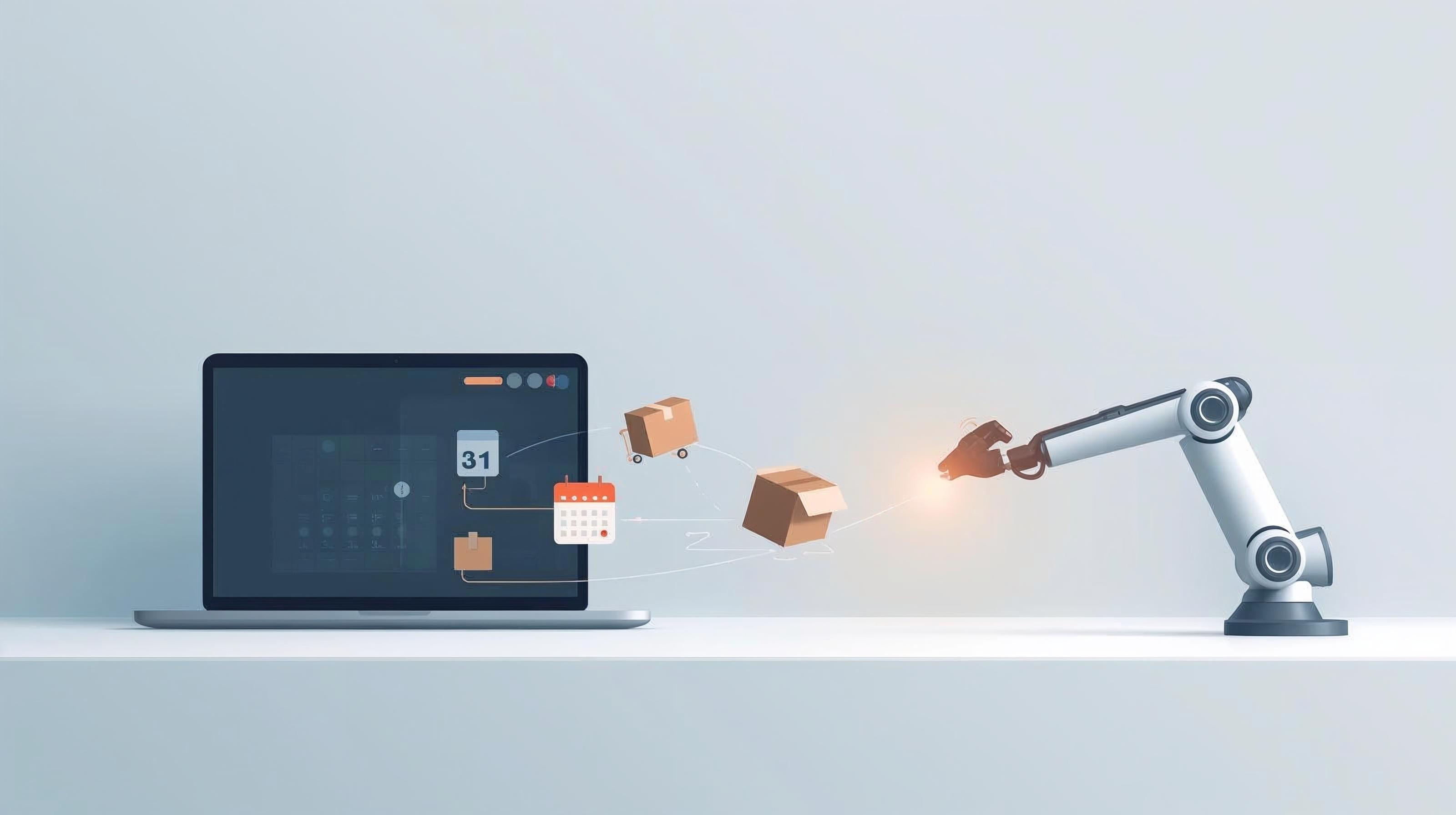 노트북 화면에서 일정과 작업이 자동으로 실행되고, 로봇 팔이 실제 물건을 옮기는 모습을 통해 에이전틱 AI와 피지컬 AI의 결합을 표현한 이미지