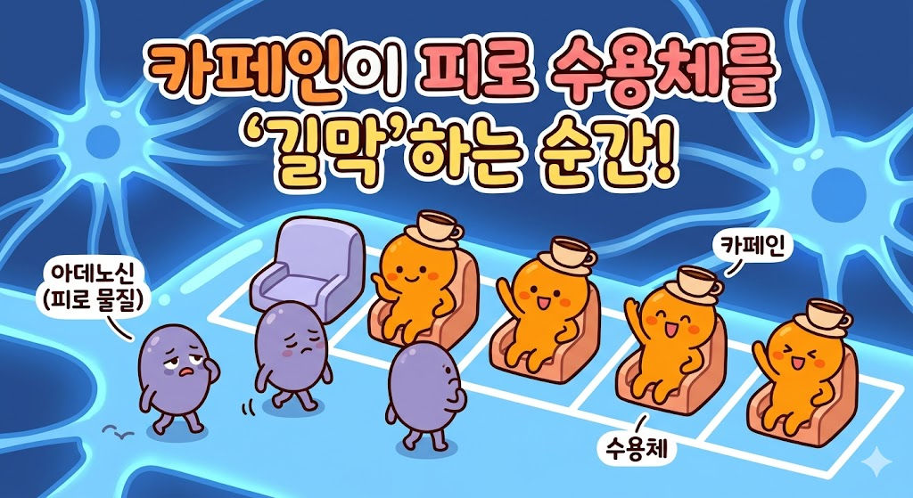 뇌 세포 수용체와 카페인 간의 작용 (피로수용체의 길막음 현상)