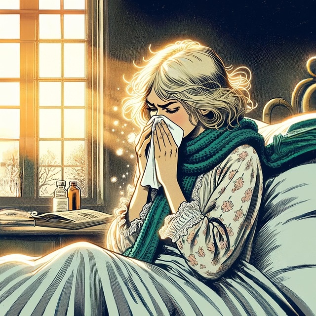 감기로 힘들어하는 여인