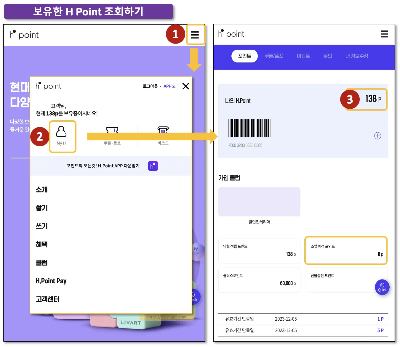 H Point 사용처 H Point 홈페이지에서 내 포인트를 확인하는 방법 사진