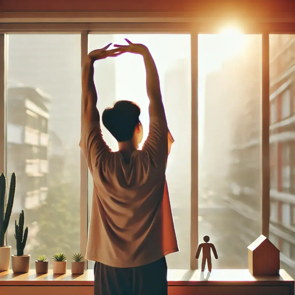 아침 햇살이 들어오는 창가 앞에서 스트레칭을 하며 하루를 시작하는 동양인 젊은 남성의 초고해상도 사진