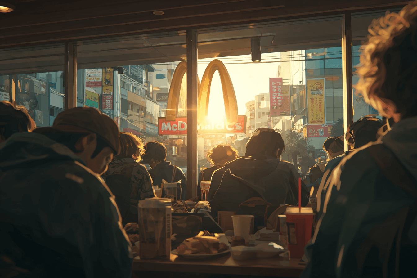 맥도날드-매장에-가득찬-사람들과-맥도날드-로고-간판-이미지