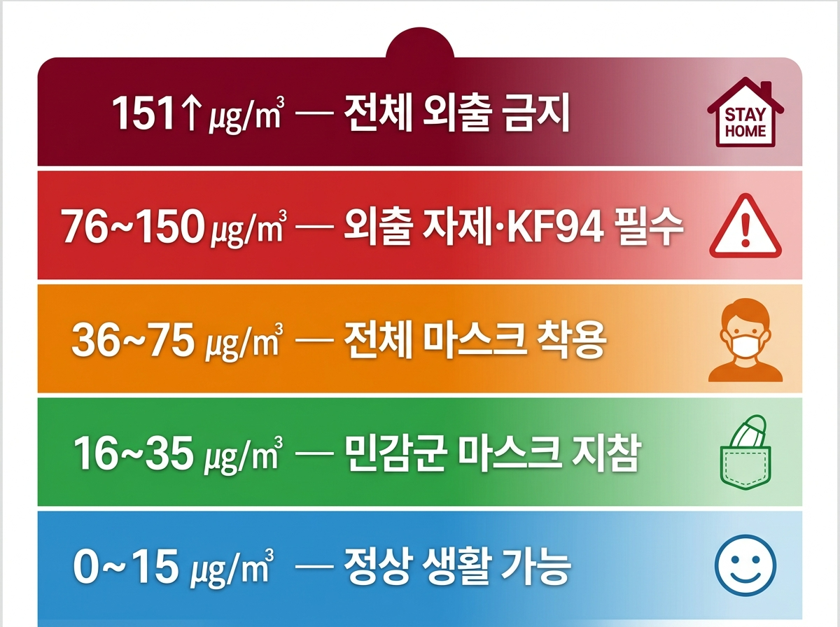 미세먼지 수치별 행동요령, PM2.5 단계별 건강영향, 초미세먼지 나쁨 대처, 미세먼지 마스크 기준