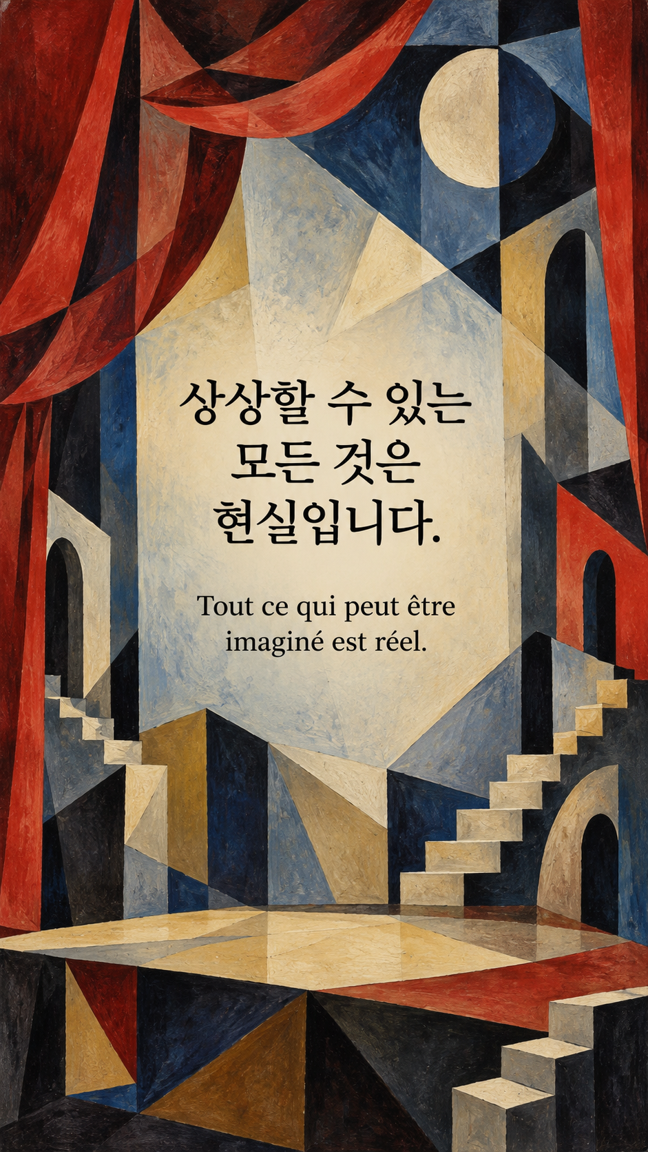 상상할 수 있는 모든 것은 현실입니다. &mdash; 기하학적 형태의 빈 무대와 붉은 커튼, 여러 시점의 계단을 겹친 입체파 그림