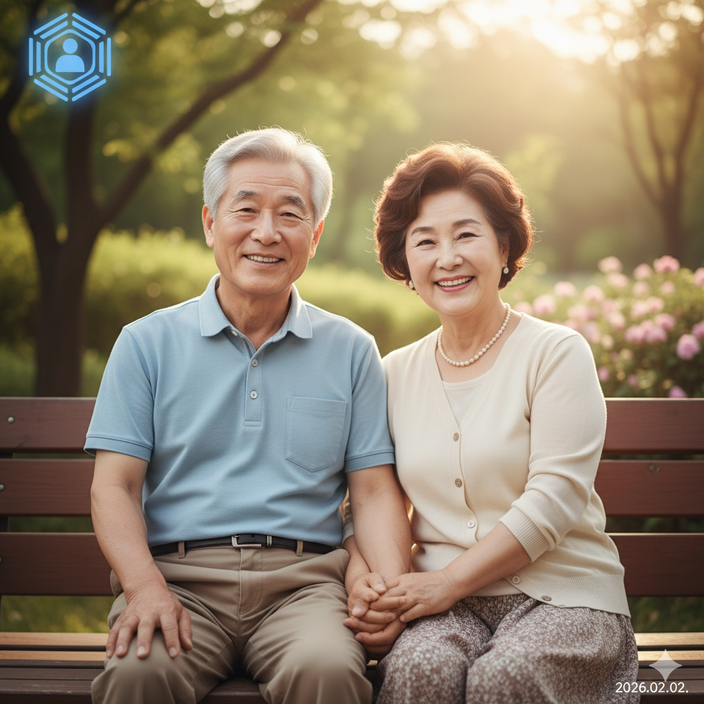공원 벤치에 앉아 밝게 웃고 있는 한국인 노부부의 모습. 건강하고 안정적인 노후 생활과 국민연금의 혜택을 상징하는 사진.