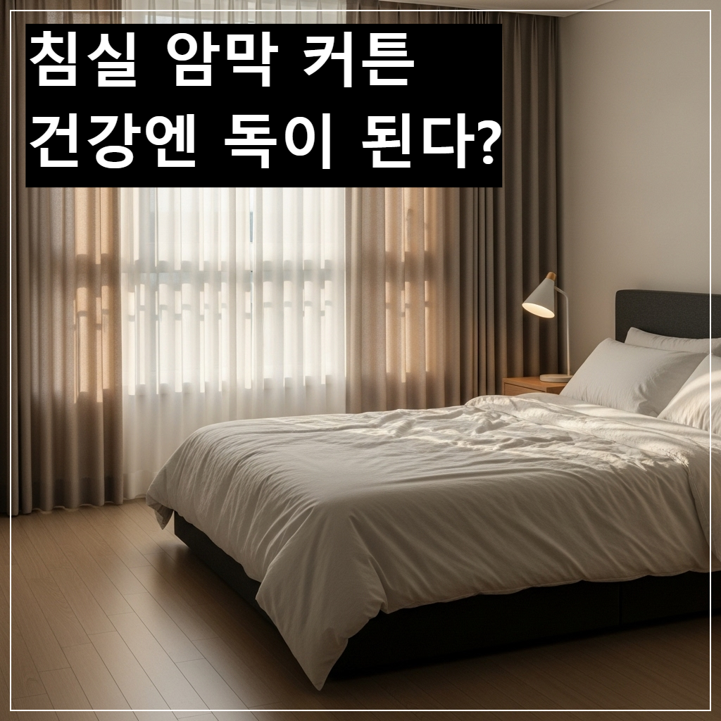 한국식 아파트 침실에 베이지색 이중 커튼 사이로 아침 햇살이 은은하게 들어와 아늑하고 건강한 수면 환경을 보여주는 인테리어 사진