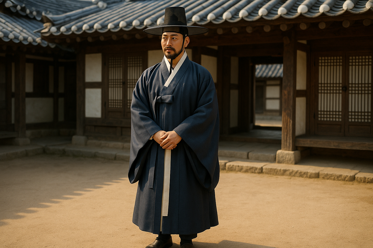 전통 한복을 입고 두루마기와 갓을 착용한 선비가 서 있는 모습