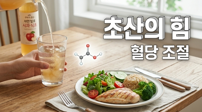 나무 테이블 위, 얼음이 담긴 투명한 물잔에 투명한 식초 액체가 위에서 부어지며 섞이는 실사 사진 스타일 이미지. 
식후 혈당 관리를 위한 식초 음료 제조 장면을 시각적으로 표현함.