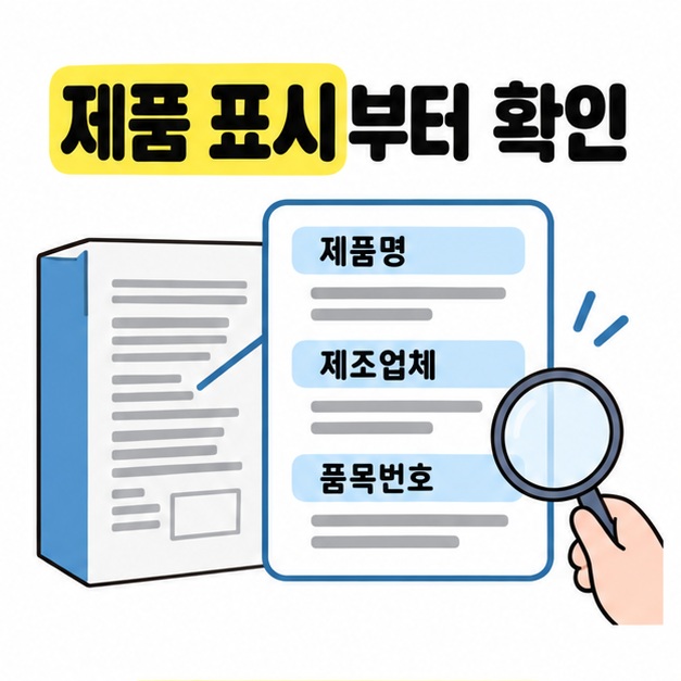 제품 포장의 제품명, 제조업체, 품목번호를 돋보기로 확인하는 그림