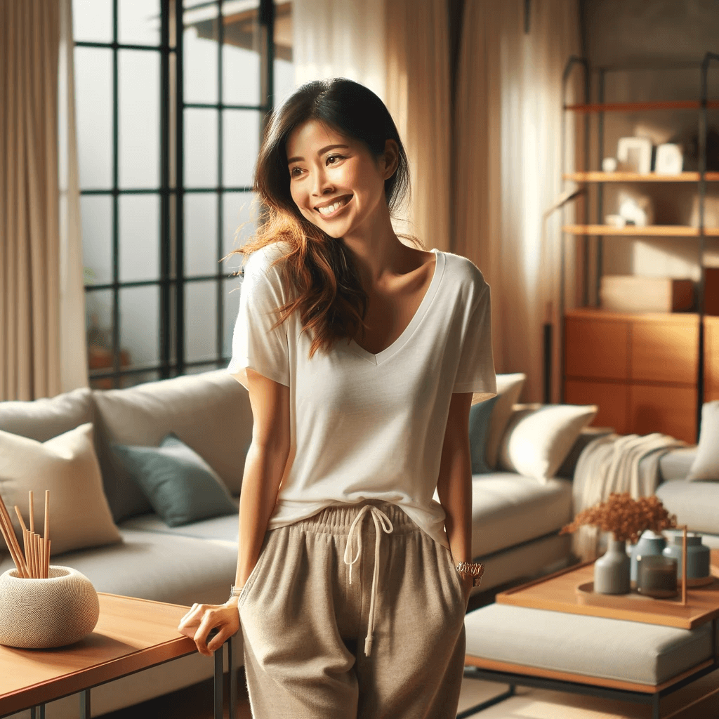 가구배치에 즐거워하는 주부의 모습