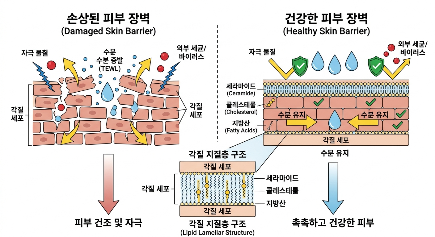 "세라마이드가 구성하는 피부 장벽의 벽돌과 시멘트 구조 모식도"