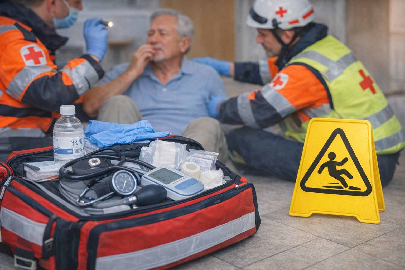 낙상 환자 평가를 위한 응급 장비와 현장 대응 장면