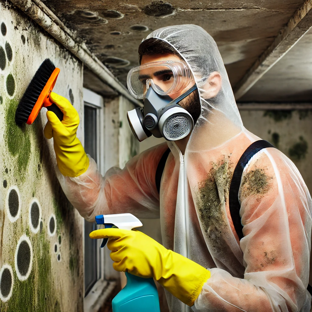 전문가가 보호 장비를 착용한 상태에서 벽의 곰팡이를 제거하는 모습