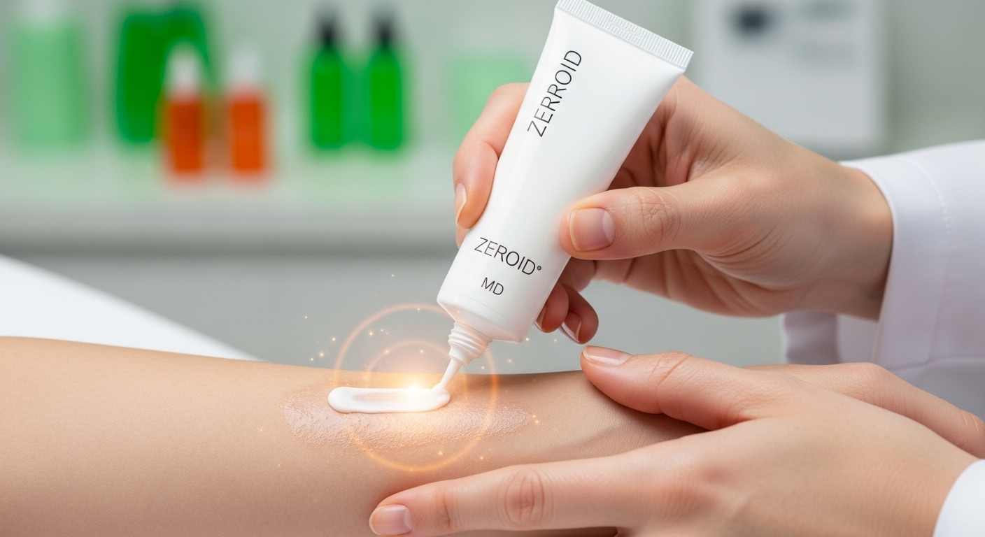 피부과 의사가 건조한 팔 피부에 제로이드 MD 크림을 부드럽게 바르는 모습