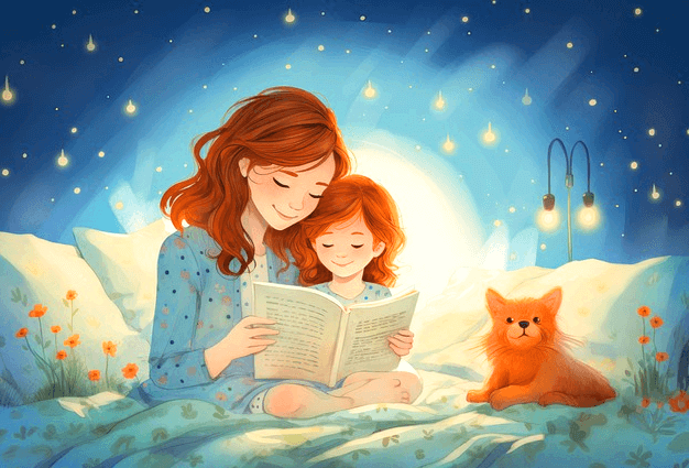 침대에 앉은 젊은 엄마 품에 어린 딸이 앉아서 함께 책을 보고 있다. 주변엔 갈색 강아지가 있고 불빛들이 반짝거린다.