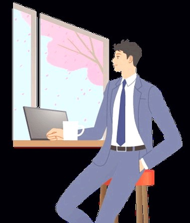 파란 양복을 입은 깔끔한 정장차림의 젊은 남자가 카페 의자에 앉아 창밖을 바라보며 차를 마시고 있다.