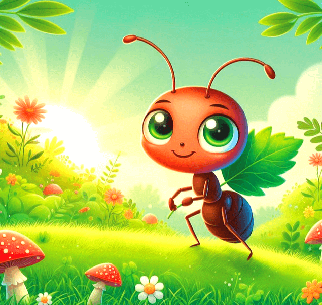 풀밭을 걸어가는 개미 한 마리가 있다. 갈색 개미이고 주변엔 꽃들과 붉은 버섯이 가득한 그림이다.