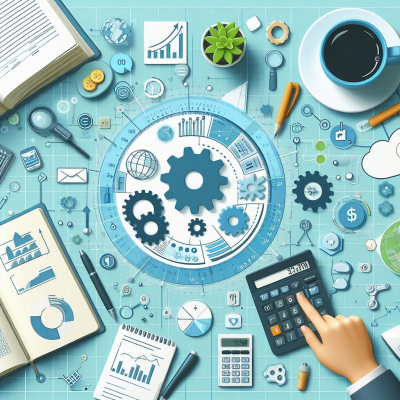 기어와 숫자가 포함된 비즈니스와 계산 관련 일러스트