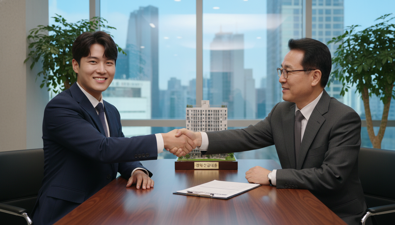 경락잔금대출 상담을 통해 은행원과 악수하는 젊은 투자자의 모습. 경매 물건 취득을 위한 대출 활용의 중요성을 보여줍니다.